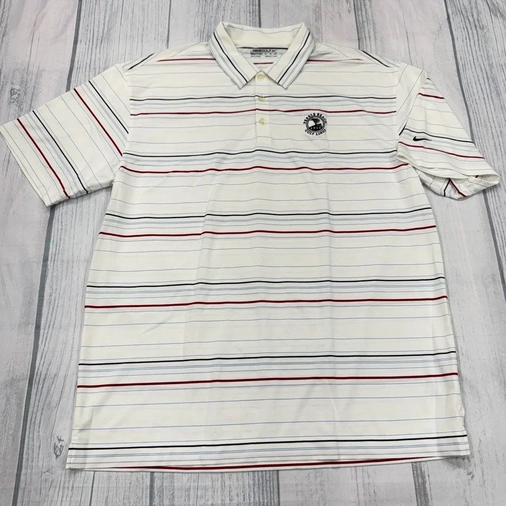 Nike Golf Polo Shirt XL White Stripe Fit Dry Pebble Beach Golf Links Mens